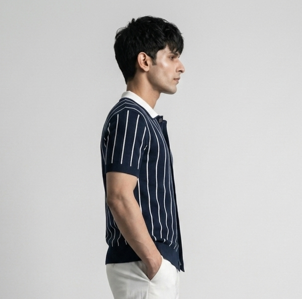 Blue Stripe Button Up Knit Polo by Emporeo