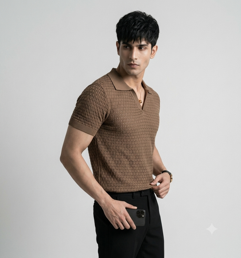Brown Weave Knit Polo by Emporeo