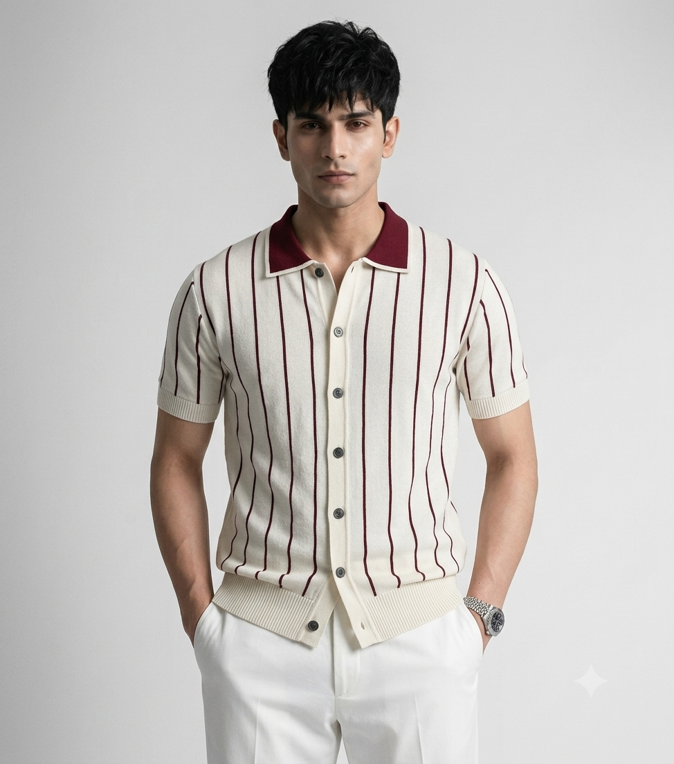 White Stripe Button Up Knit Polo by Emporeo
