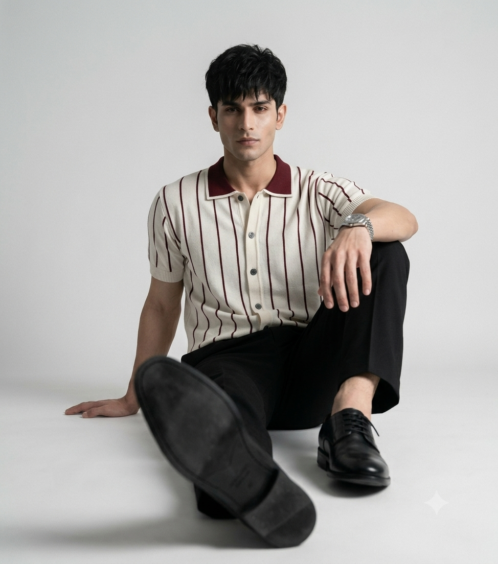 White Stripe Button Up Knit Polo by Emporeo