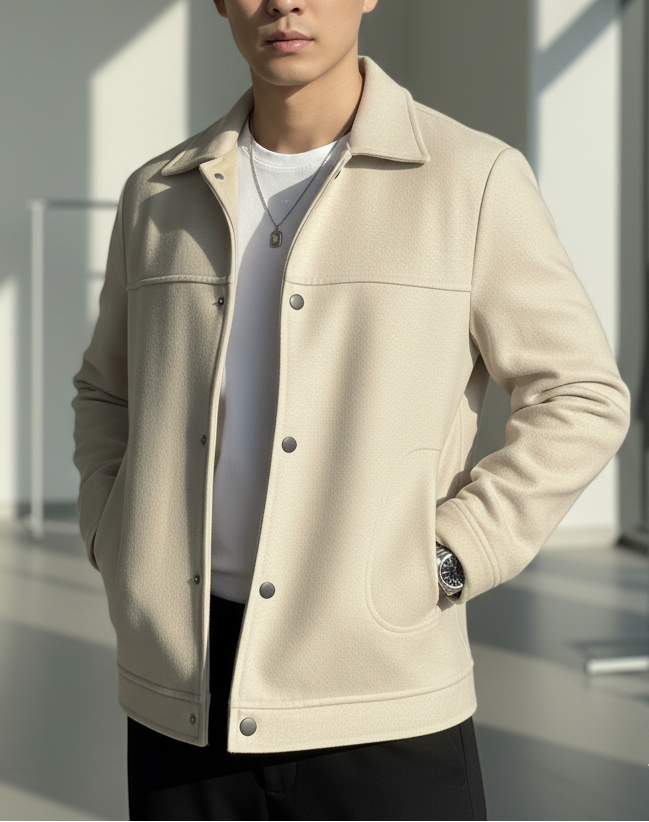 Man wearing a beige jacket in a modern indoor setting