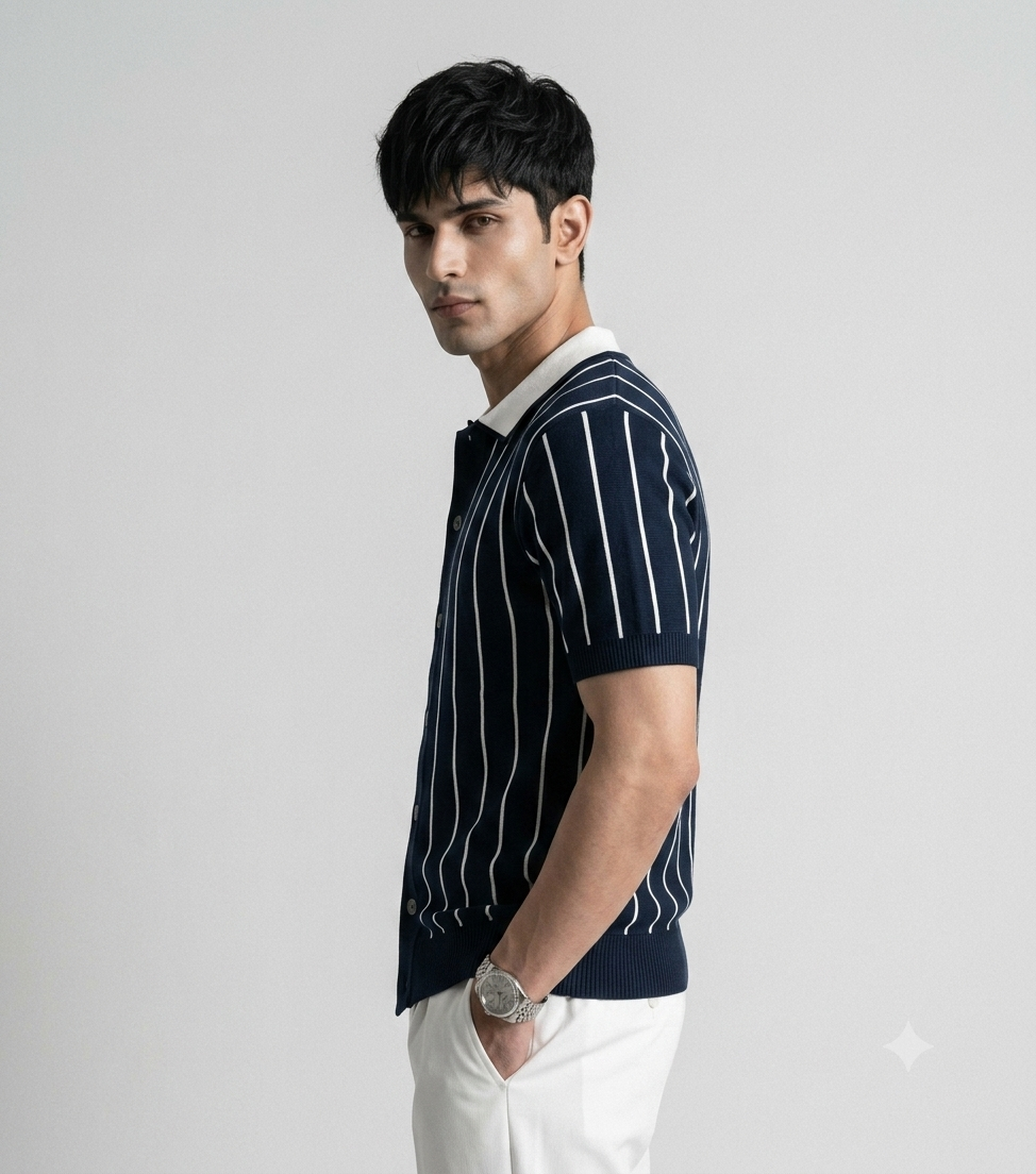 Blue Stripe Button Up Knit Polo by Emporeo