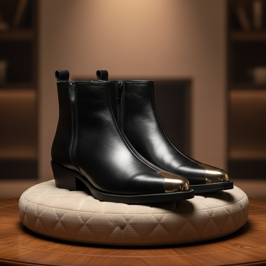 Premium Black 100% Leather Chelsea Boots with Gold Metal Toe