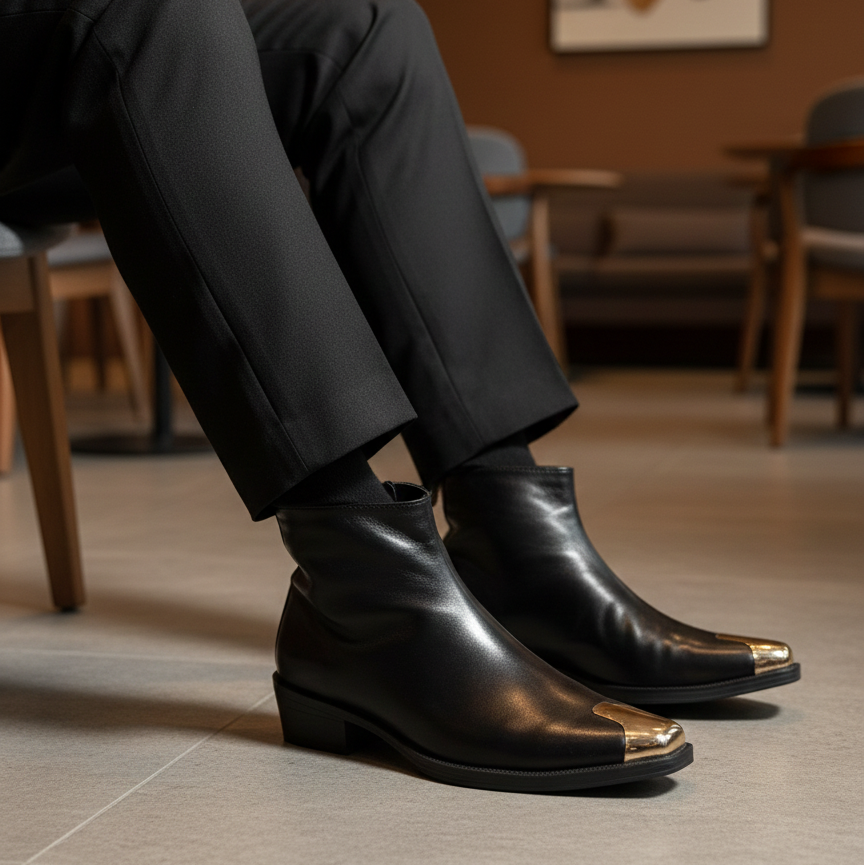 Premium Black 100% Leather Chelsea Boots with Gold Metal Toe