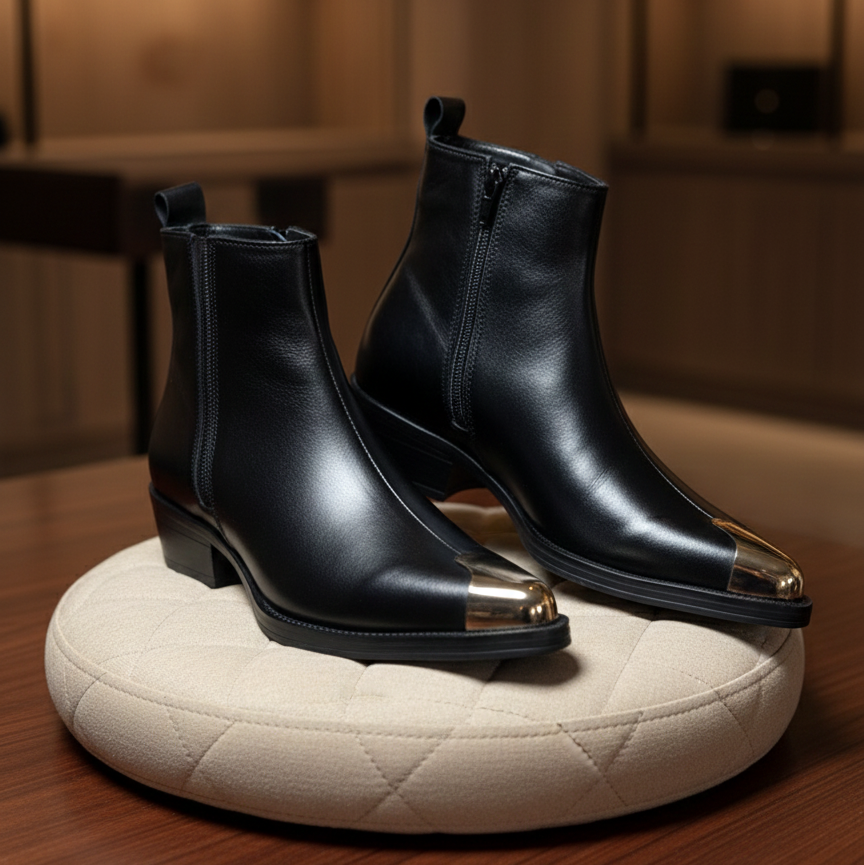 Premium Black 100% Leather Chelsea Boots with Gold Metal Toe