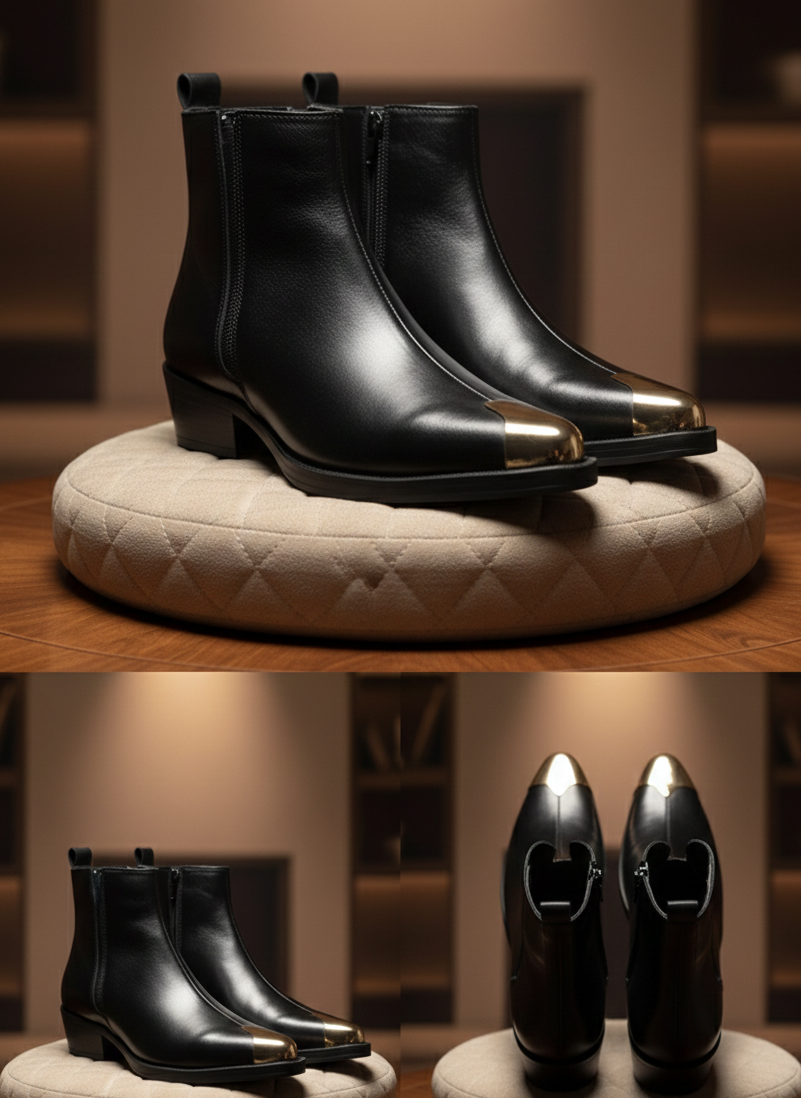 Premium Black 100% Leather Chelsea Boots with Gold Metal Toe