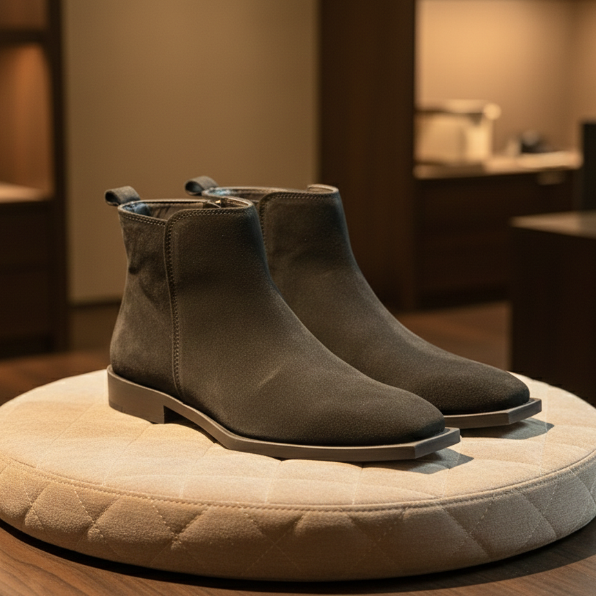 Pair of brown ankle boots on a round cushion with a blurred indoor background