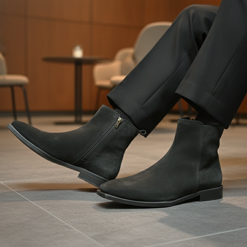 Person wearing black dress shoes and pants in an indoor setting