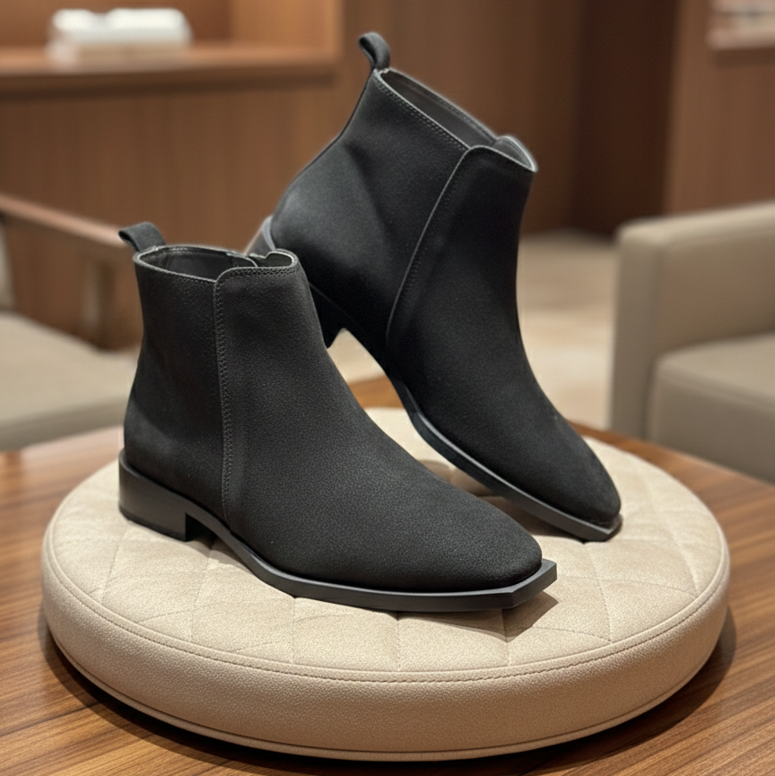 Black ankle boots on a round cushion with a blurred indoor background
