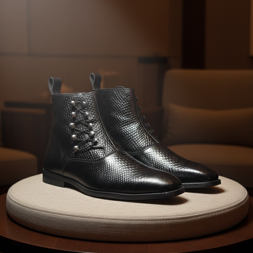 Pair of black leather boots on a round wooden platform with a blurred background