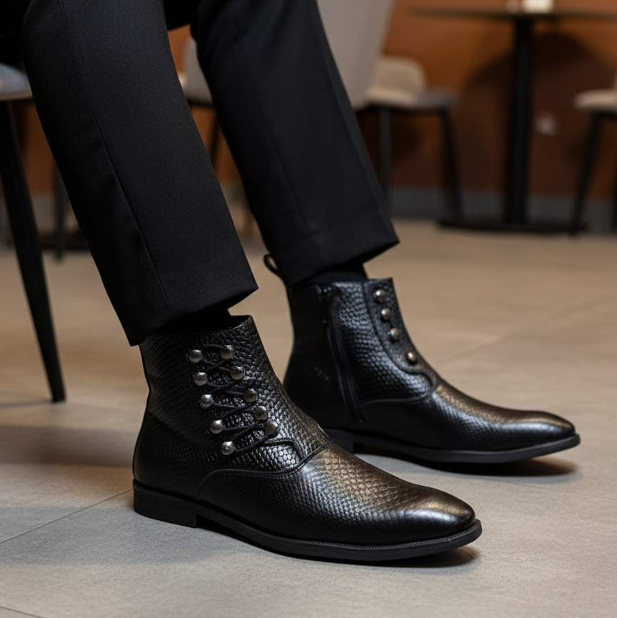 Black leather boots worn with black pants in an indoor setting