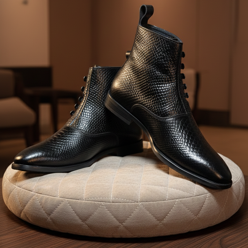 Premium 100% Genuine Leather Lace-Up Boots (Black)