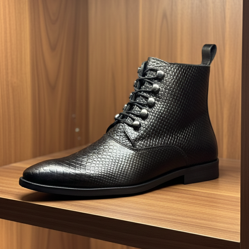 Black leather boot with lace-up design on a wooden shelf