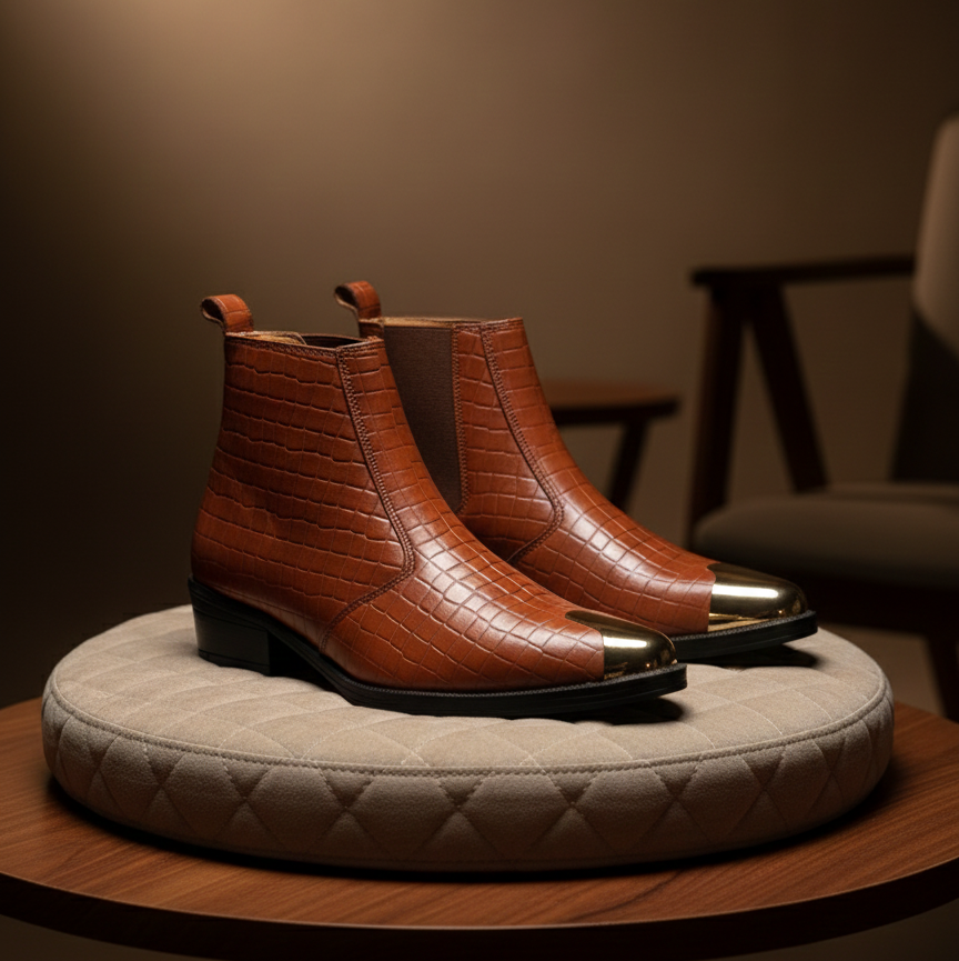 Pair of brown leather boots on a round cushioned stool against a neutral background