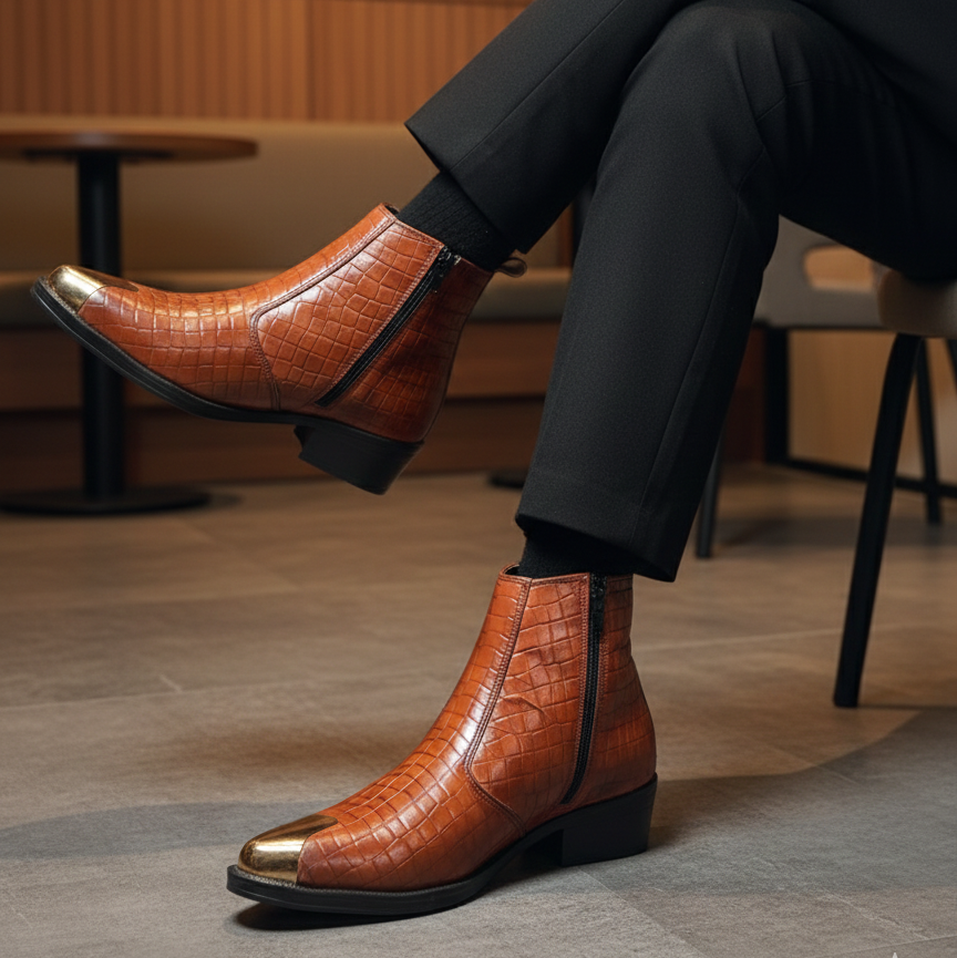 Brown leather boots worn with black pants in an indoor setting