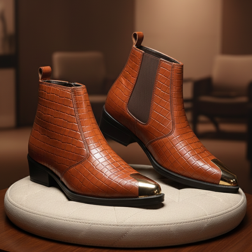 Brown leather boots with gold toes on a white platform against a blurred indoor background