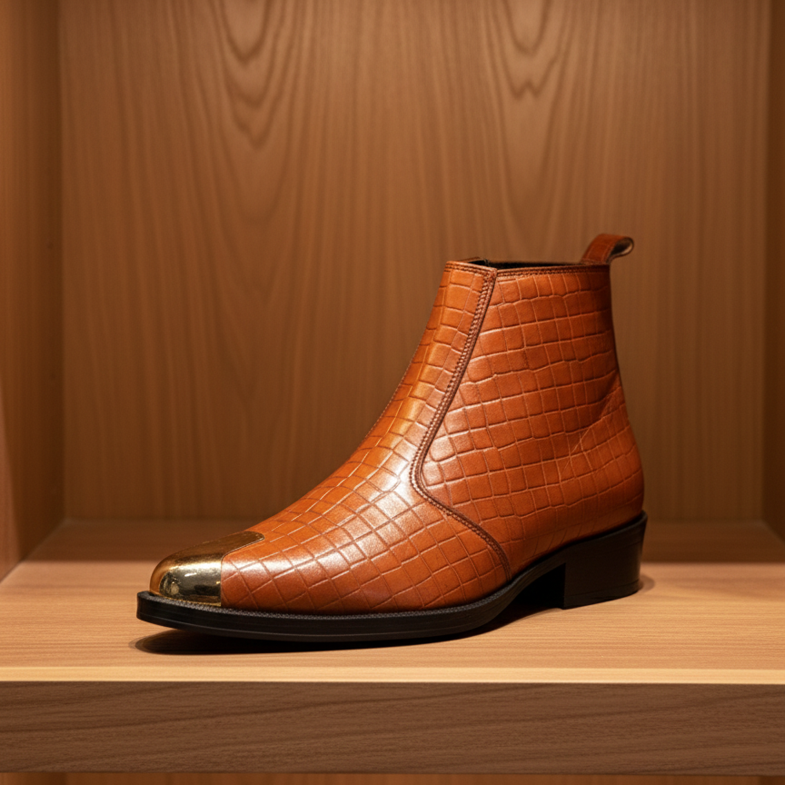 Brown leather boot with crocodile pattern on a wooden shelf