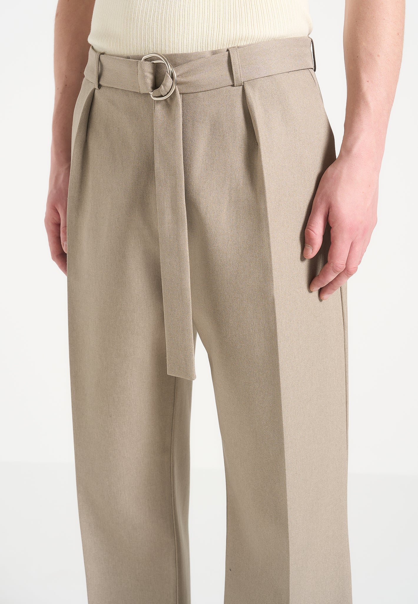 Beige Relaxed Fit Belted Tailored Trousers By Emporeo