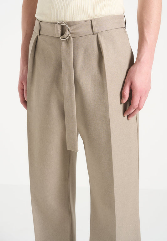 Beige Relaxed Fit Belted Tailored Trousers By Emporeo