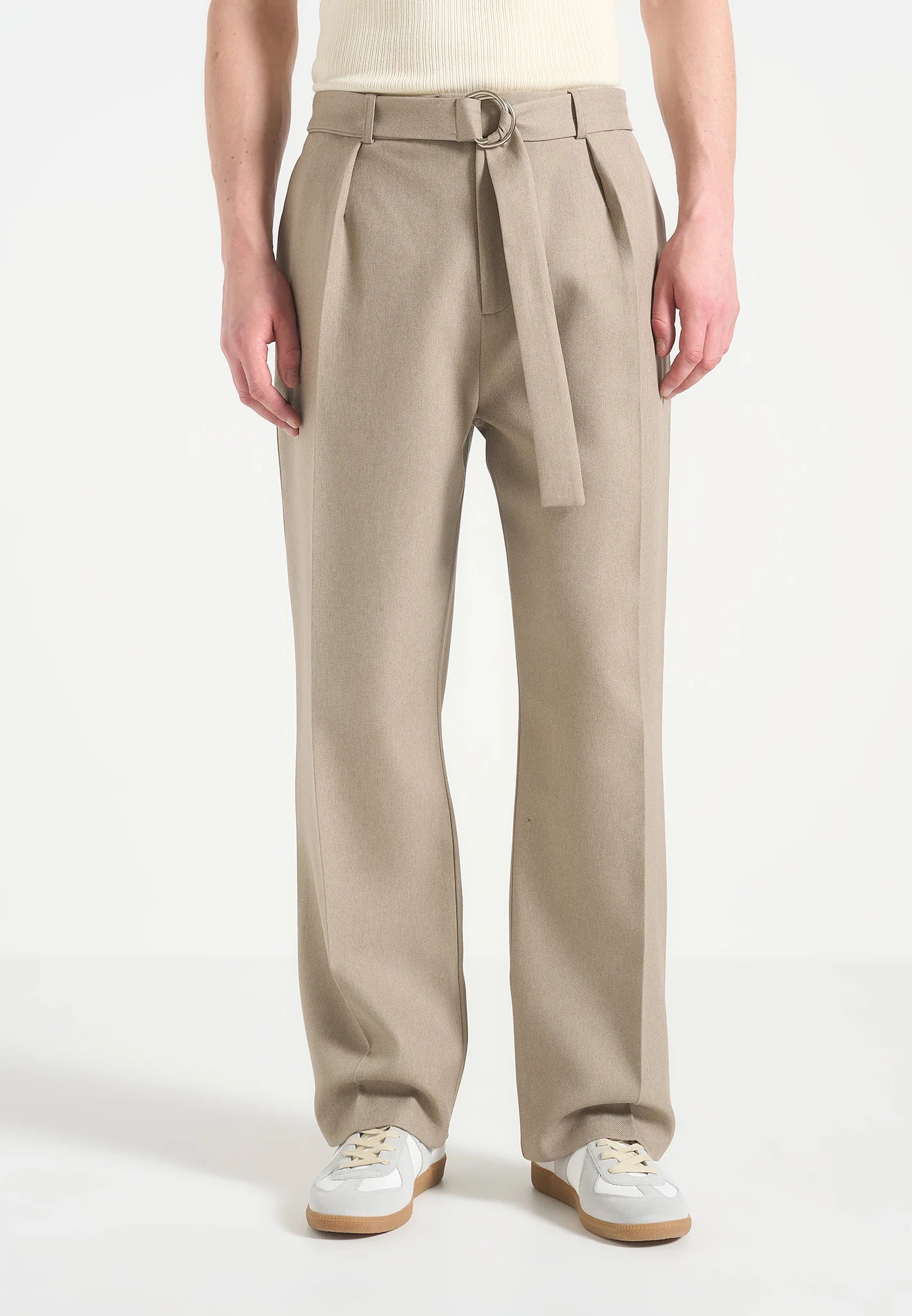 Beige Relaxed Fit Belted Tailored Trousers By Emporeo