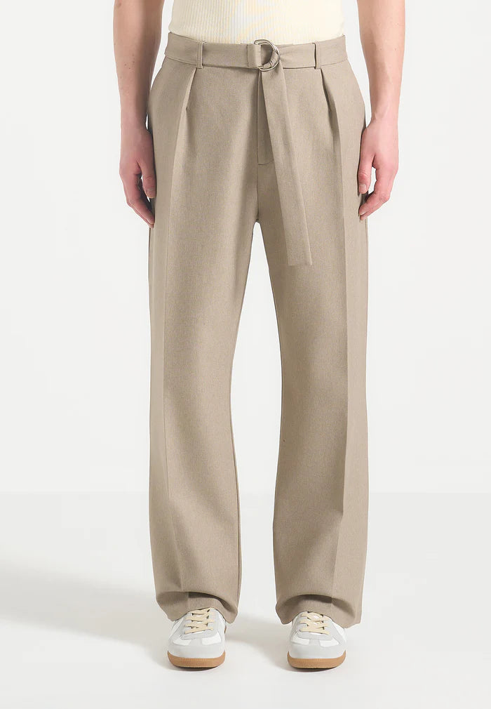 Beige Relaxed Fit Belted Tailored Trousers By Emporeo