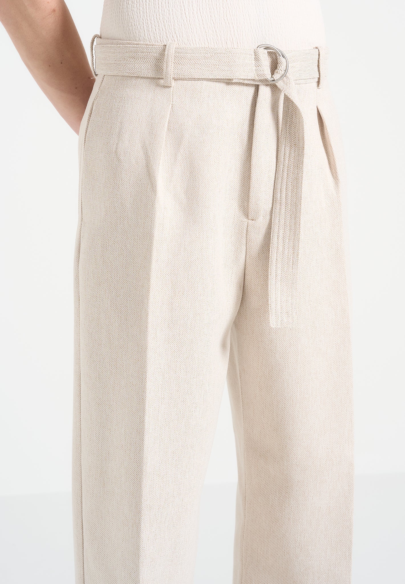 Cream Relaxed Fit Belted Tailored Trousers By Emporeo
