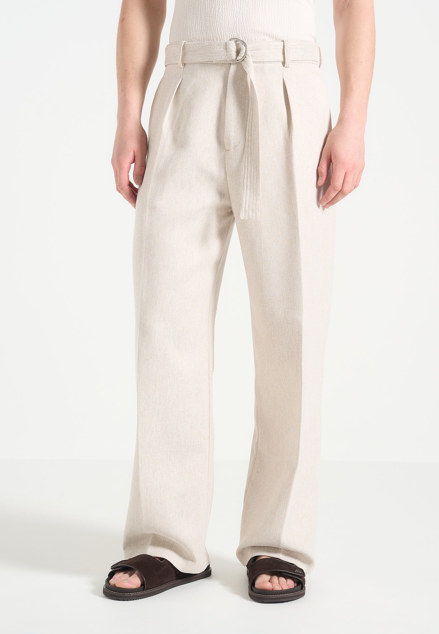 Cream Relaxed Fit Belted Tailored Trousers By Emporeo