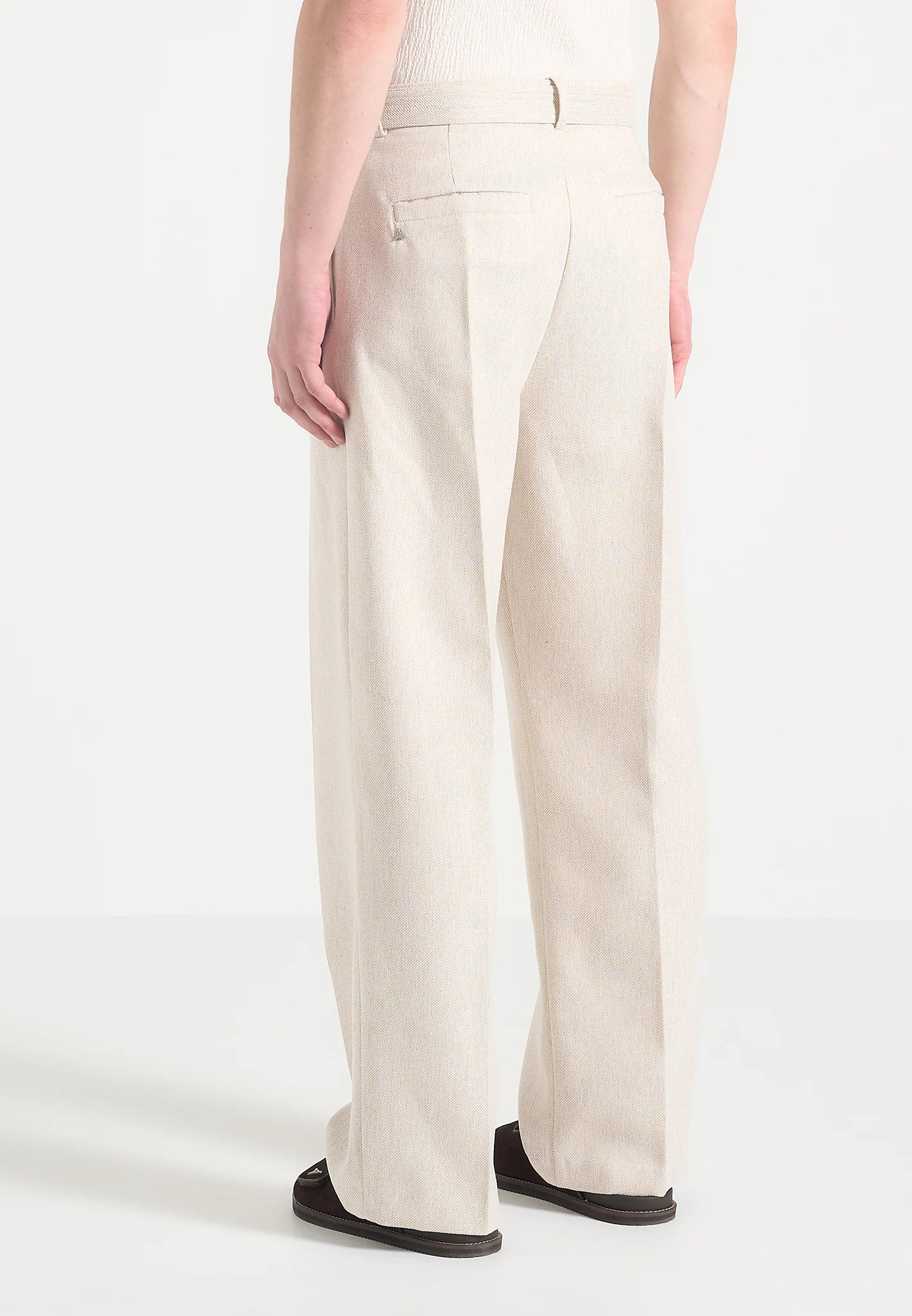 Cream Relaxed Fit Belted Tailored Trousers By Emporeo