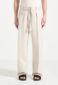 Cream Relaxed Fit Belted Tailored Trousers By Emporeo