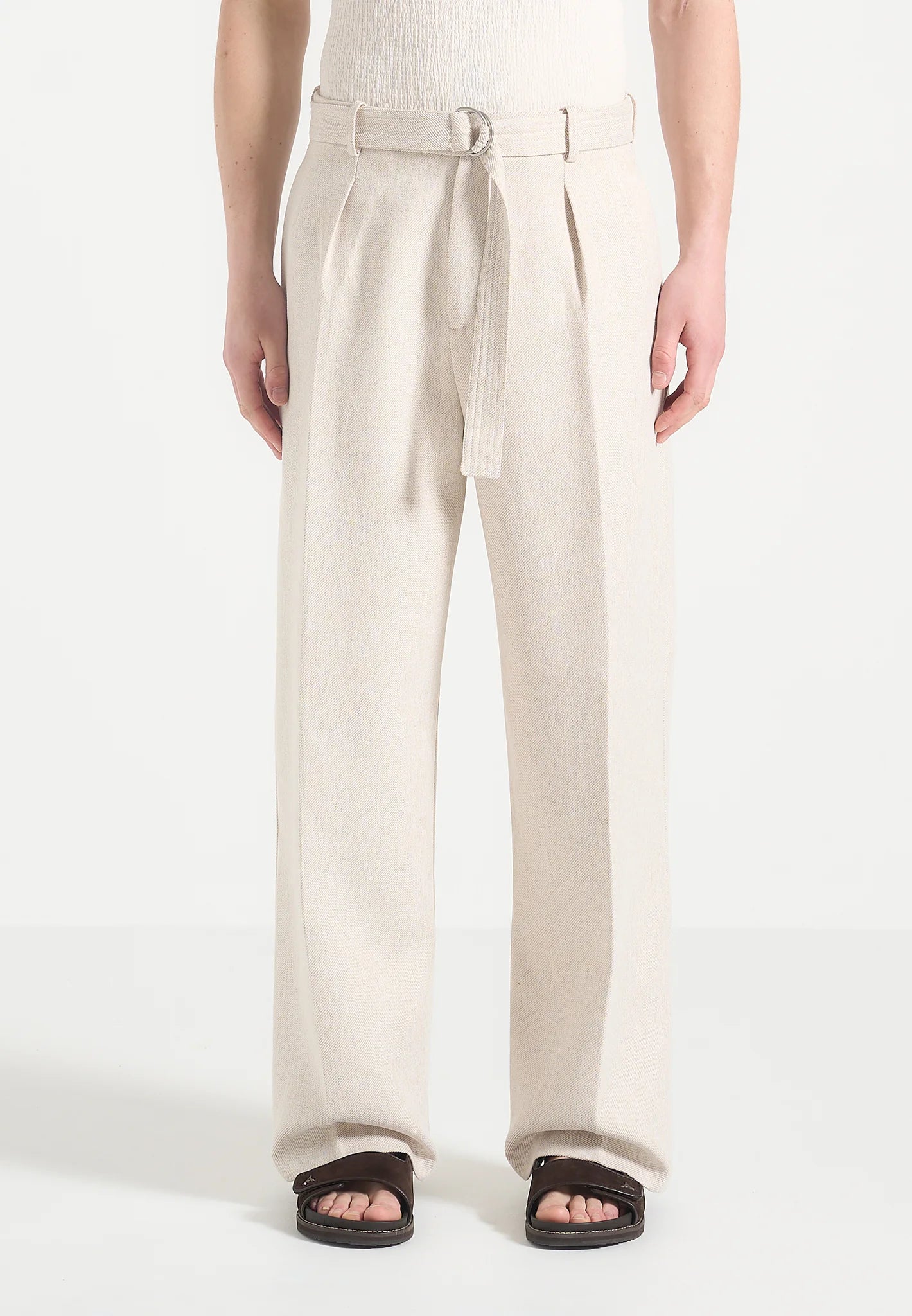 Cream Relaxed Fit Belted Tailored Trousers By Emporeo