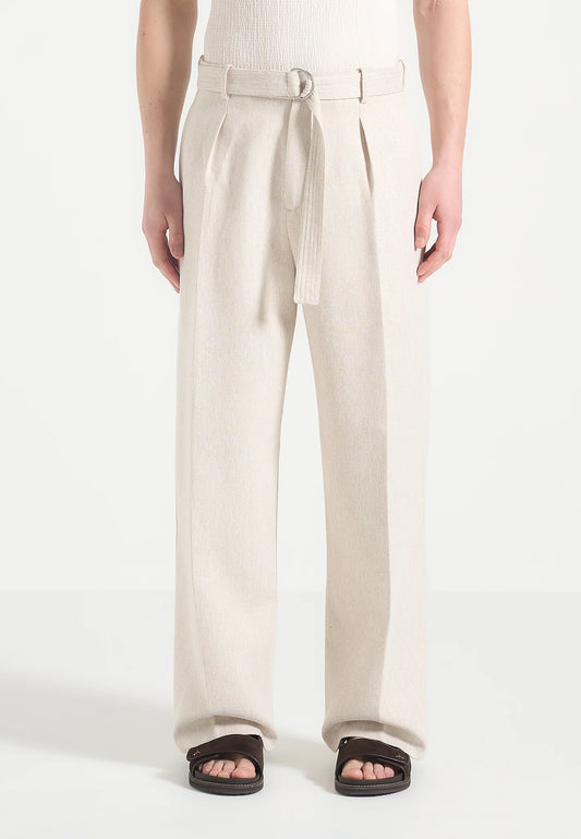 Cream Relaxed Fit Belted Tailored Trousers By Emporeo