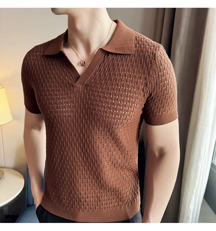 Pecan Brown Textured Knit Polo by Emporeo