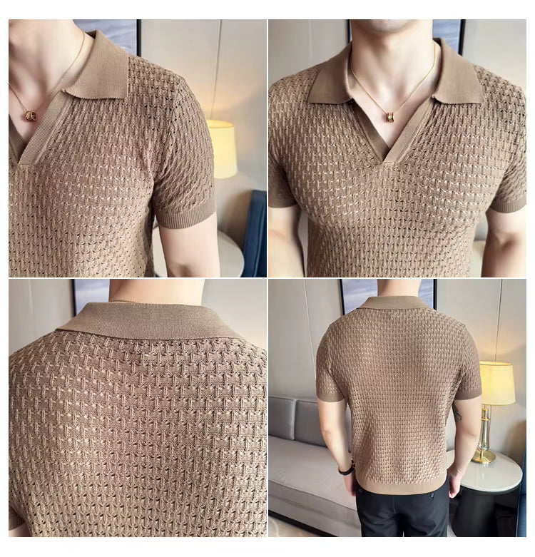 Light Brown Textured Knit Polo by Emporeo
