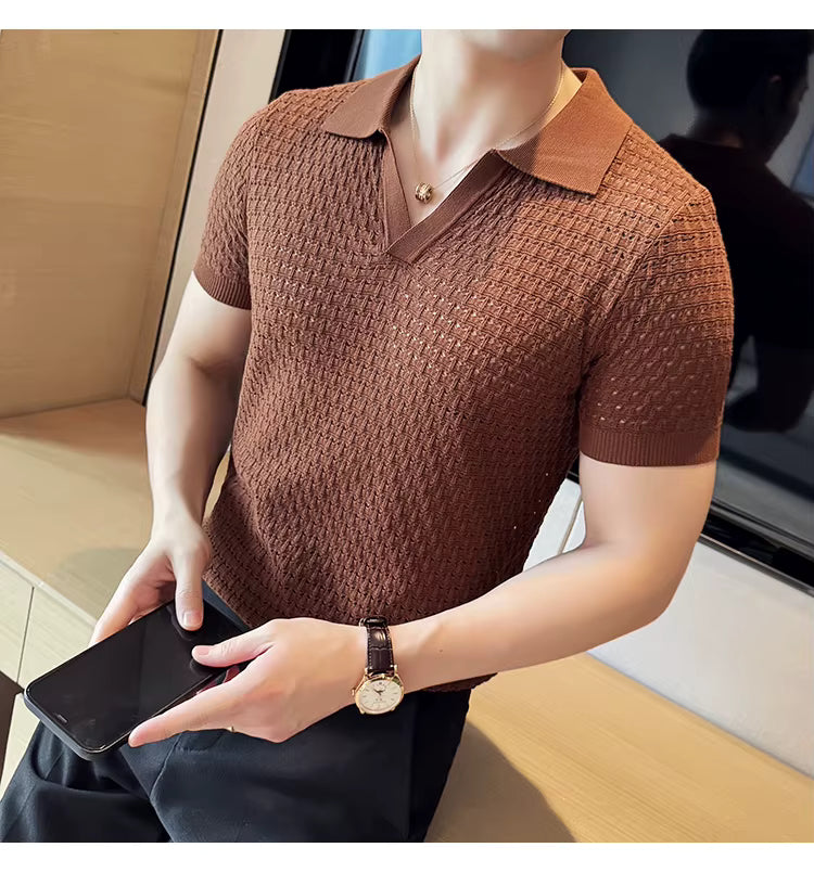 Pecan Brown Textured Knit Polo by Emporeo