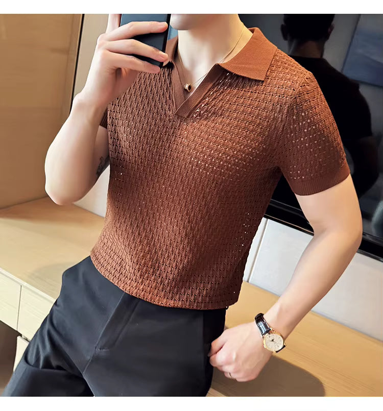 Pecan Brown Textured Knit Polo by Emporeo