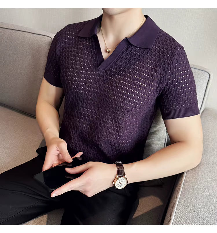Deep Purple Textured Knit Polo by Emoporeo