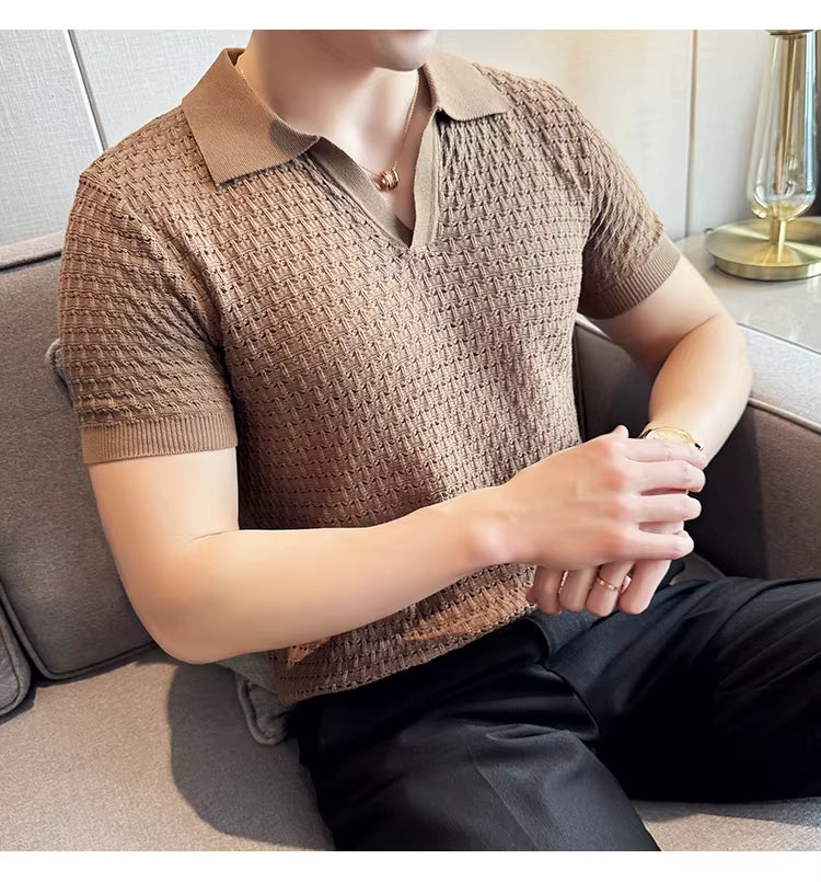 Light Brown Textured Knit Polo by Emporeo