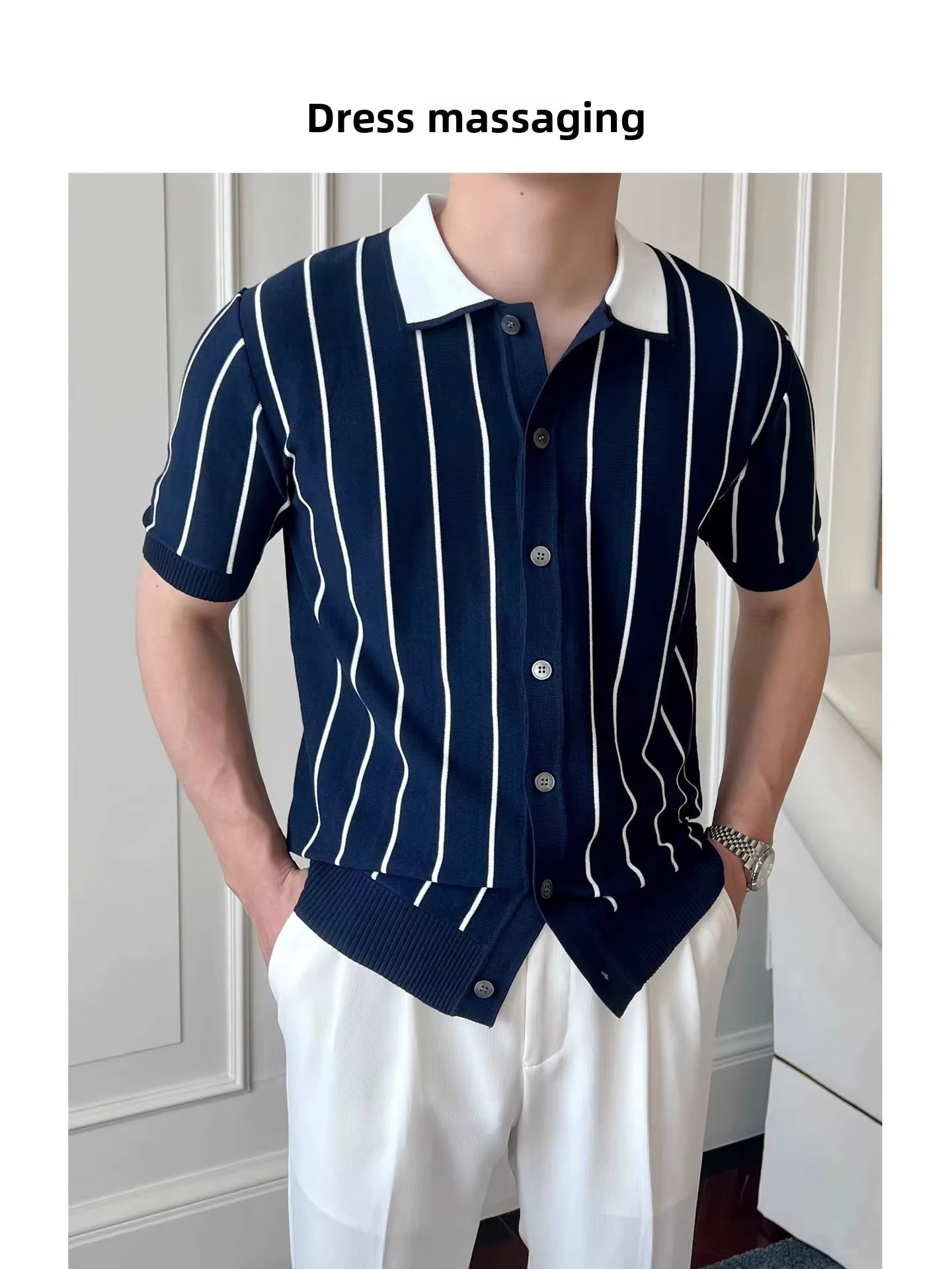 Oxford Pinstripe Navy Blue Knit Polo by Emporeo