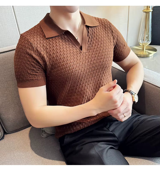 Pecan Brown Textured Knit Polo by Emporeo