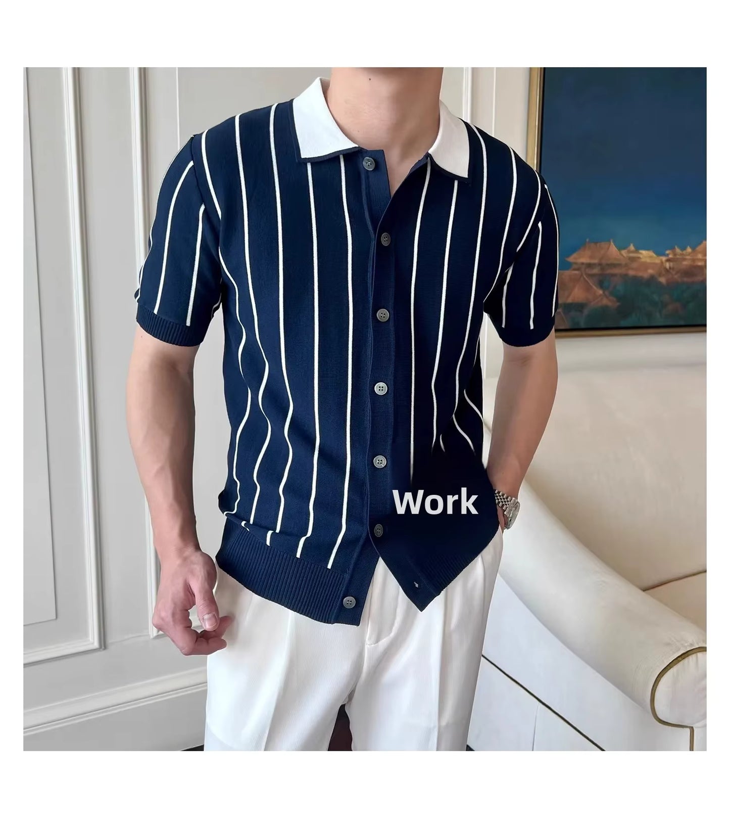 Oxford Pinstripe Navy Blue Knit Polo by Emporeo