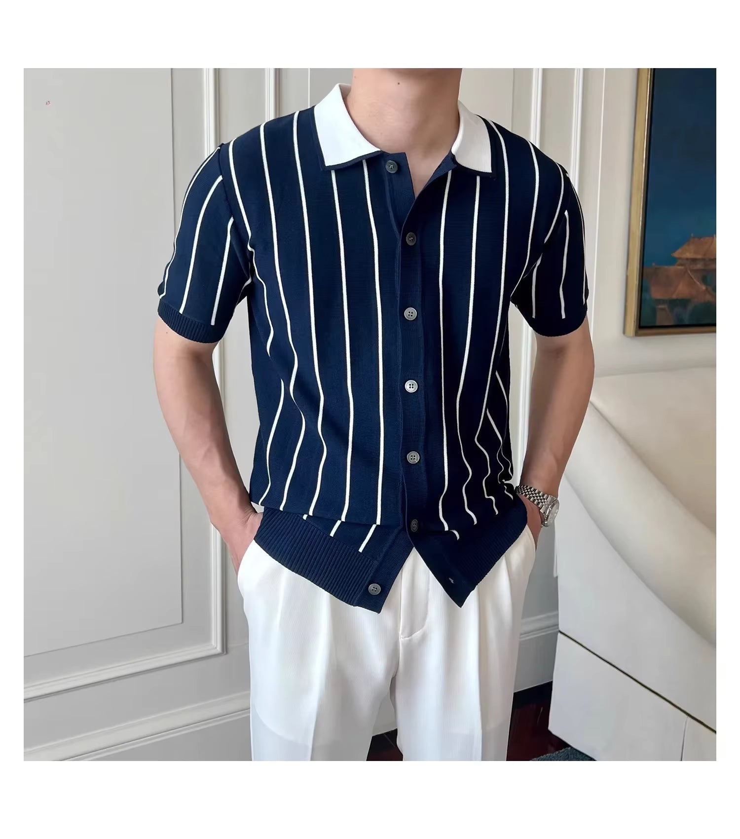 Oxford Pinstripe Navy Blue Knit Polo by Emporeo