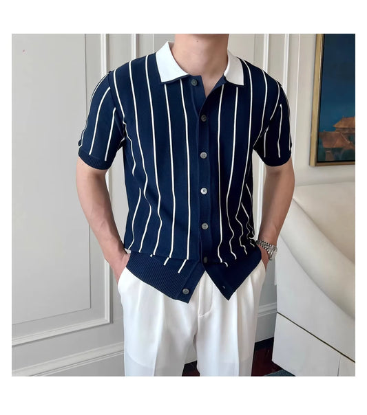 Oxford Pinstripe Navy Blue Knit Polo by Emporeo