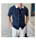 Blue Stripe Button Up Knit Polo by Emporeo