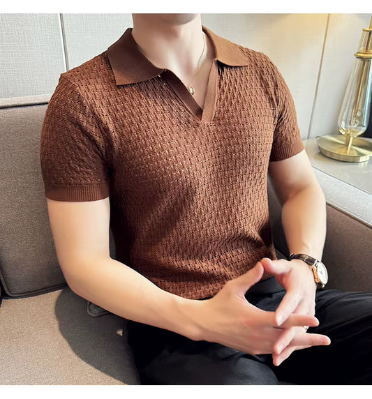 Pecan Brown Textured Knit Polo by Emporeo