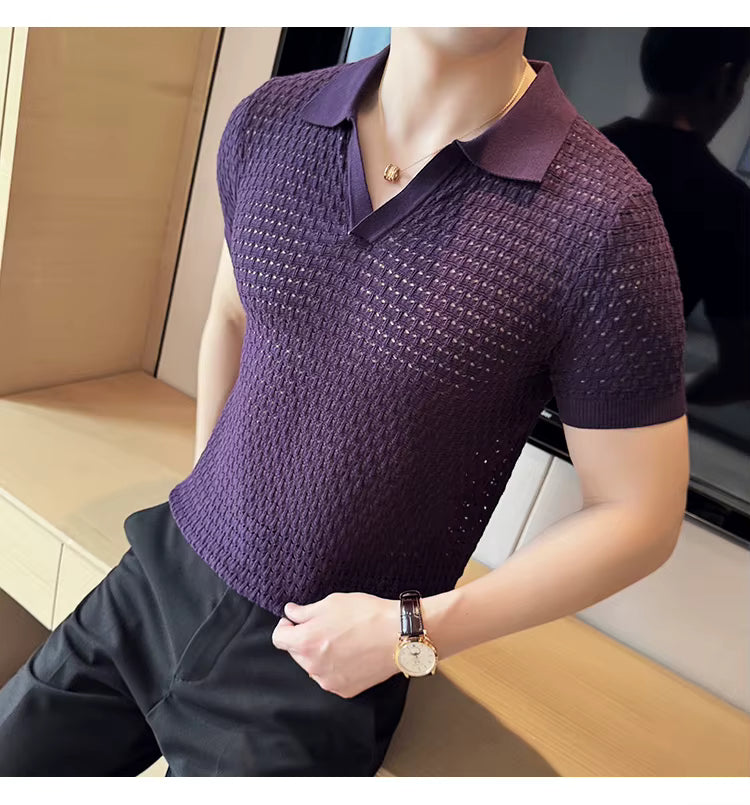 Deep Purple Textured Knit Polo by Emoporeo