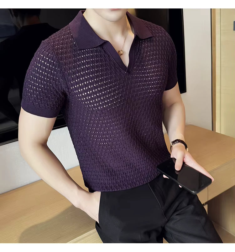 Deep Purple Textured Knit Polo by Emoporeo
