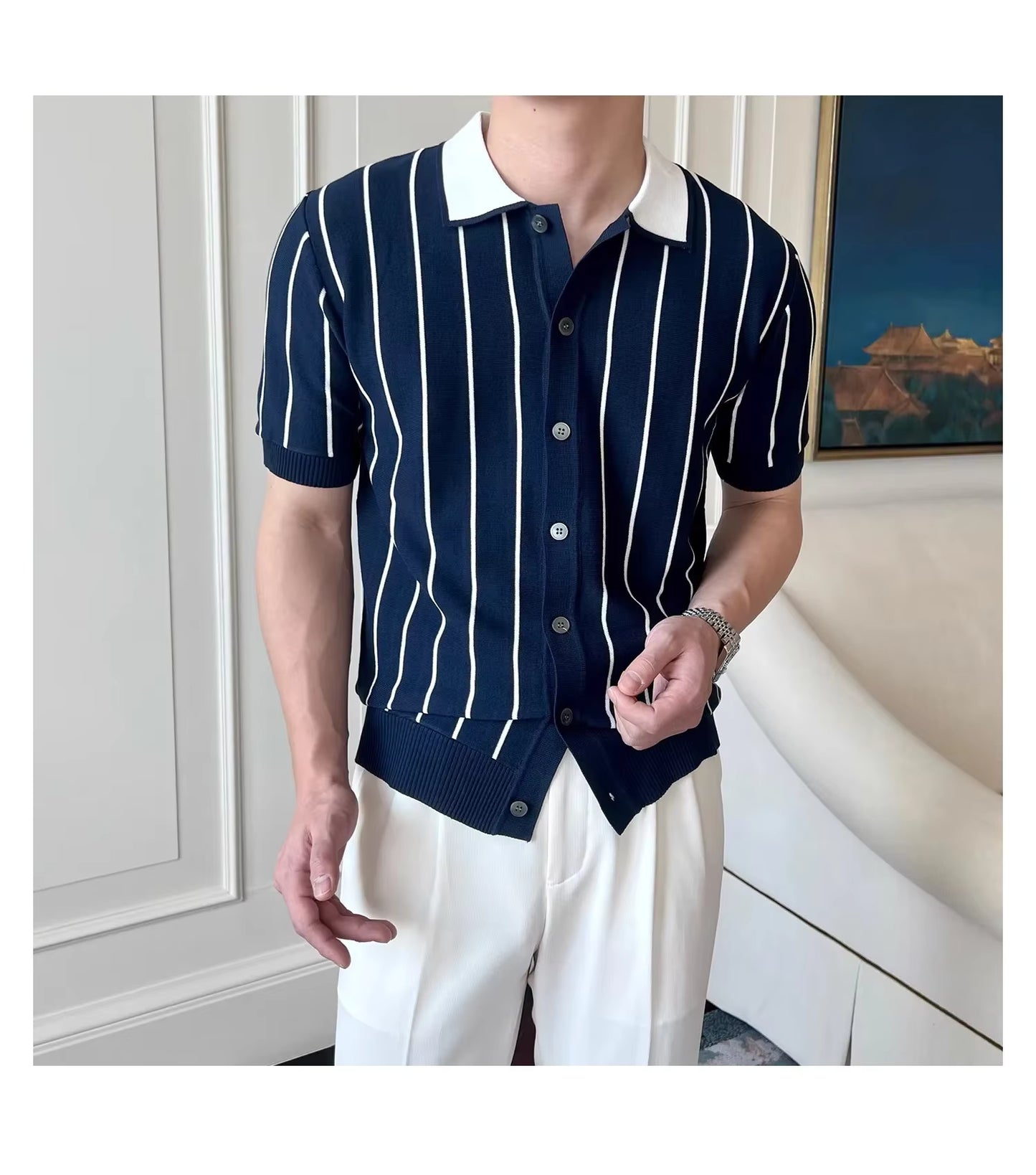 Oxford Pinstripe Navy Blue Knit Polo by Emporeo