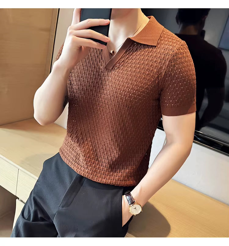 Pecan Brown Textured Knit Polo by Emporeo