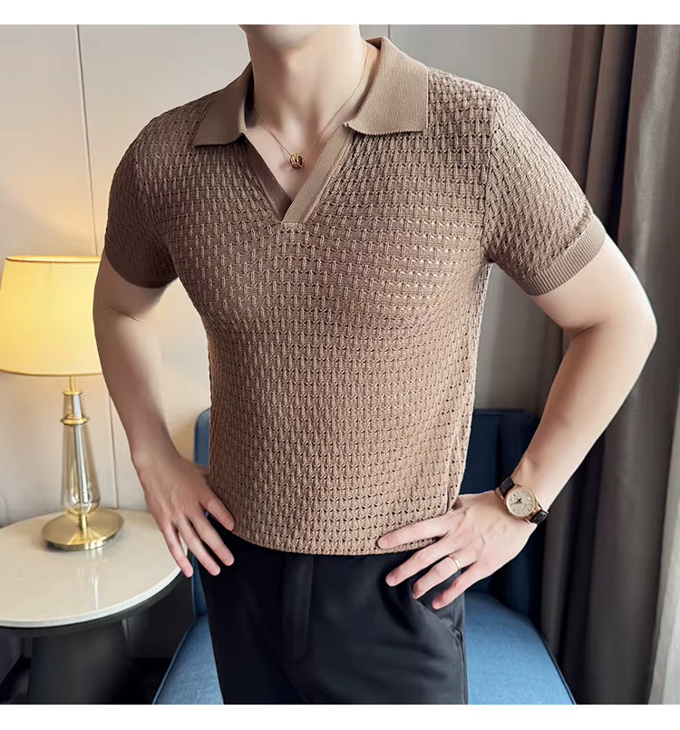 Light Brown Textured Knit Polo by Emporeo