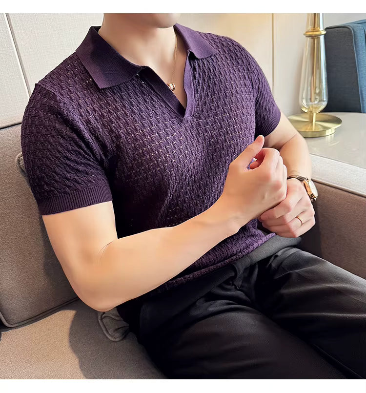 Deep Purple Textured Knit Polo by Emoporeo